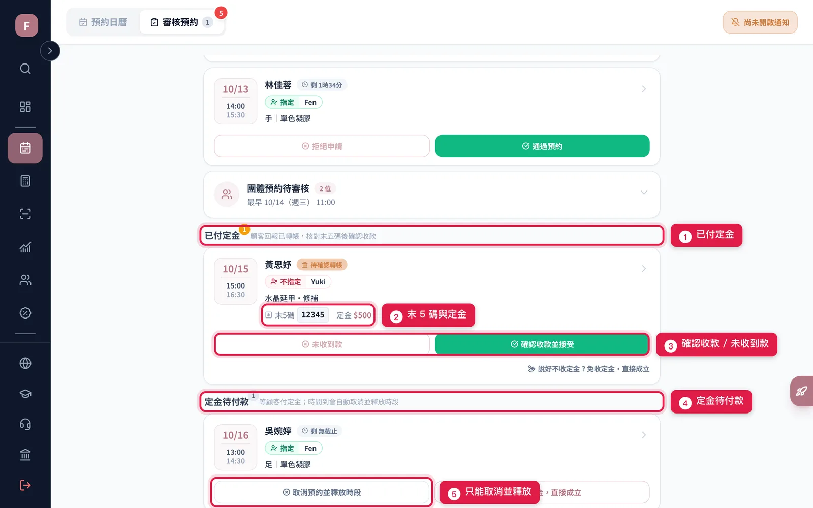 已付定金區顯示轉出帳號末 5 碼與金額,定金待付款區的卡片只能取消並釋放時段