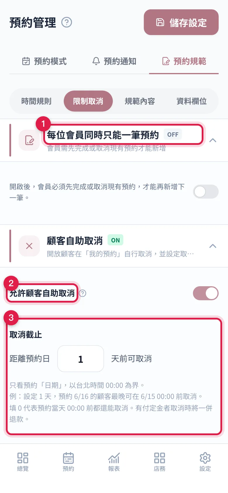 「預約規範 > 限制取消」:每位會員同時只能一筆預約、允許顧客自助取消與取消截止天數