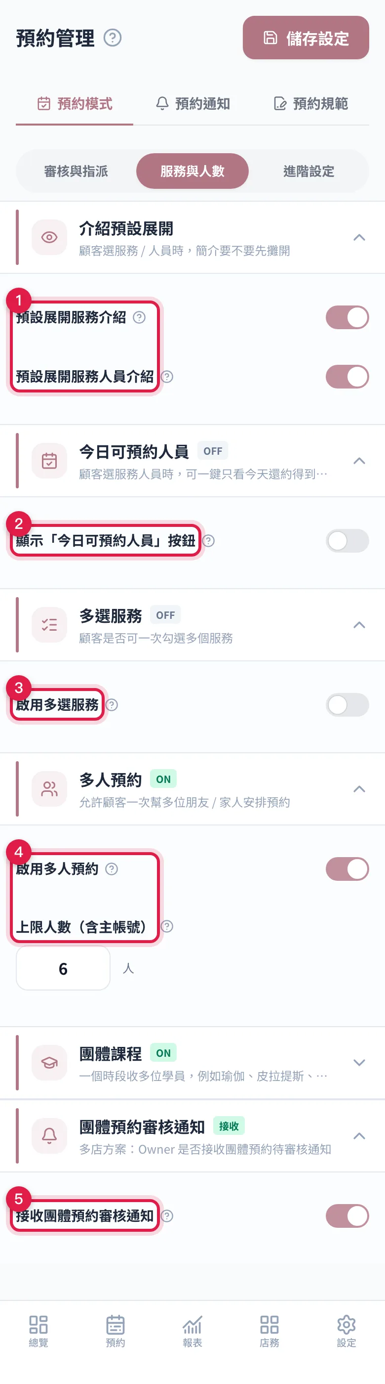 「服務與人數」小分頁:介紹與排列方式、今日可預約人員、多選服務、多人預約與上限人數、團體預約審核通知