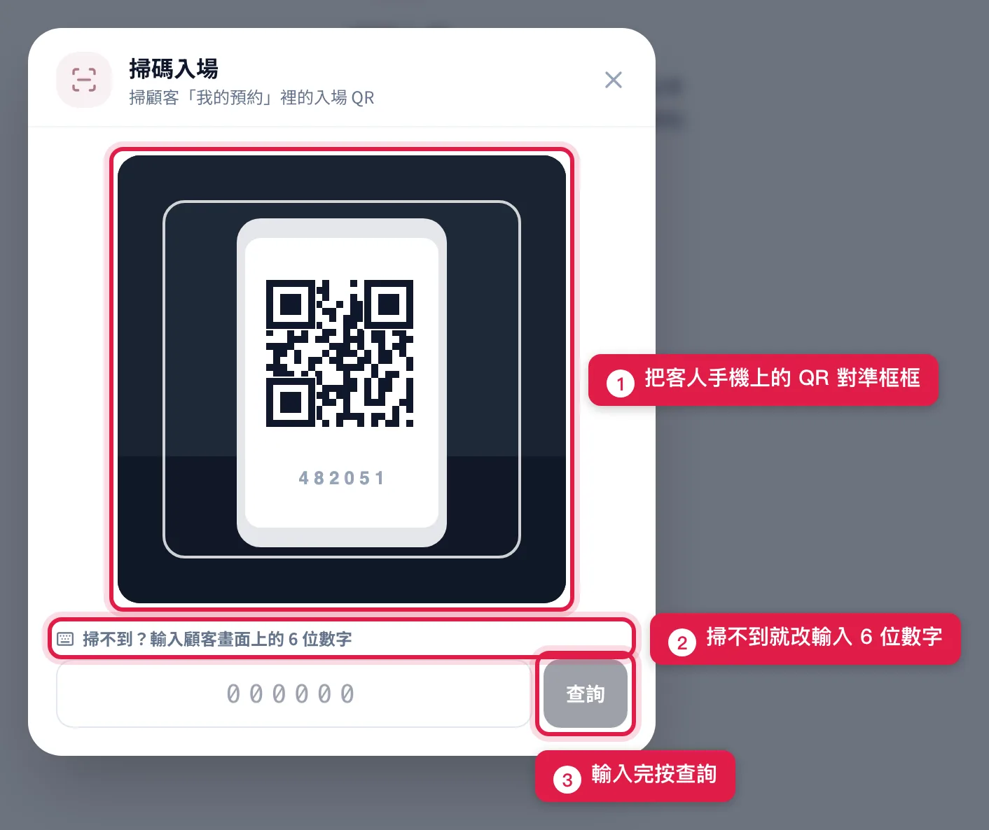 掃碼入場的掃描視窗:上面是相機取景框,下面可以改用手動輸入 6 位數字