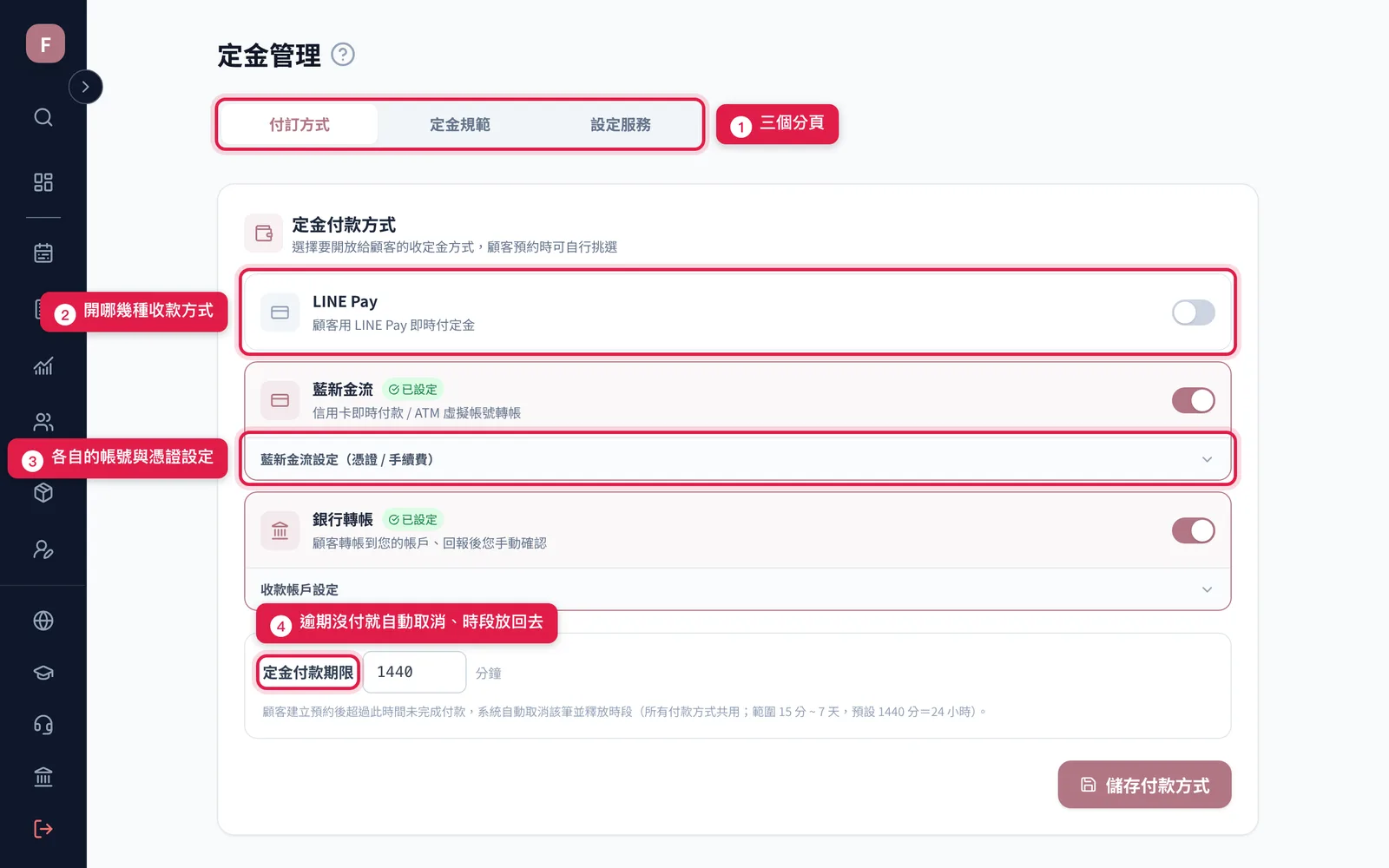定金管理有三個分頁:付訂方式開收款、定金規範圈對象、設定服務填金額