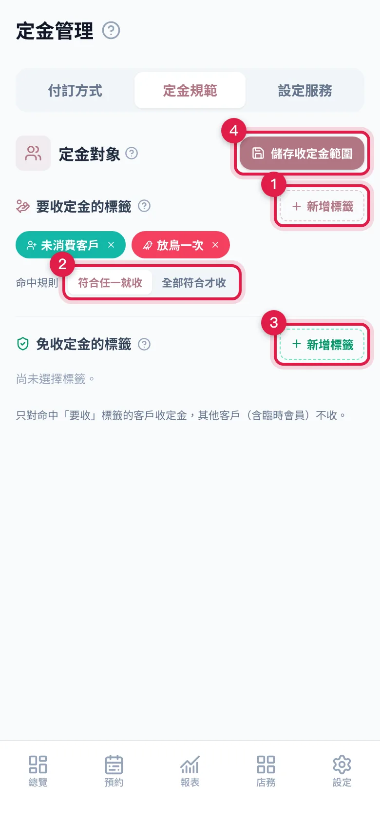 定金規範分頁:要收定金的標籤、命中規則、免收定金的標籤,改完按儲存