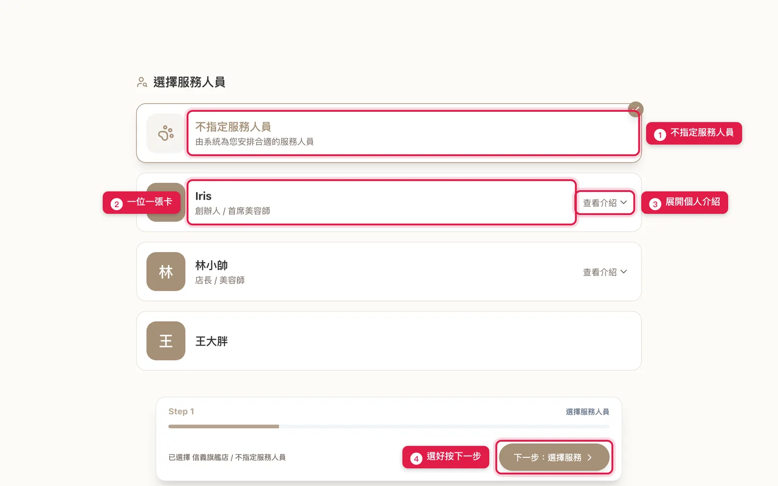 選擇服務人員:最上面是「不指定」,下面一位一張卡,可以展開個人介紹