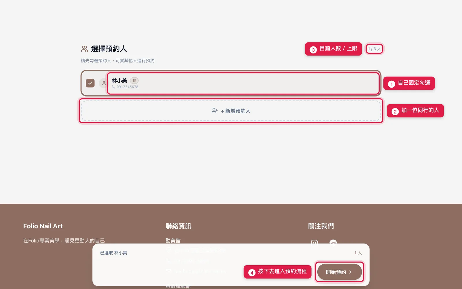 多人預約的第一步「選擇預約人」:自己固定勾選,也可以再加同行的朋友