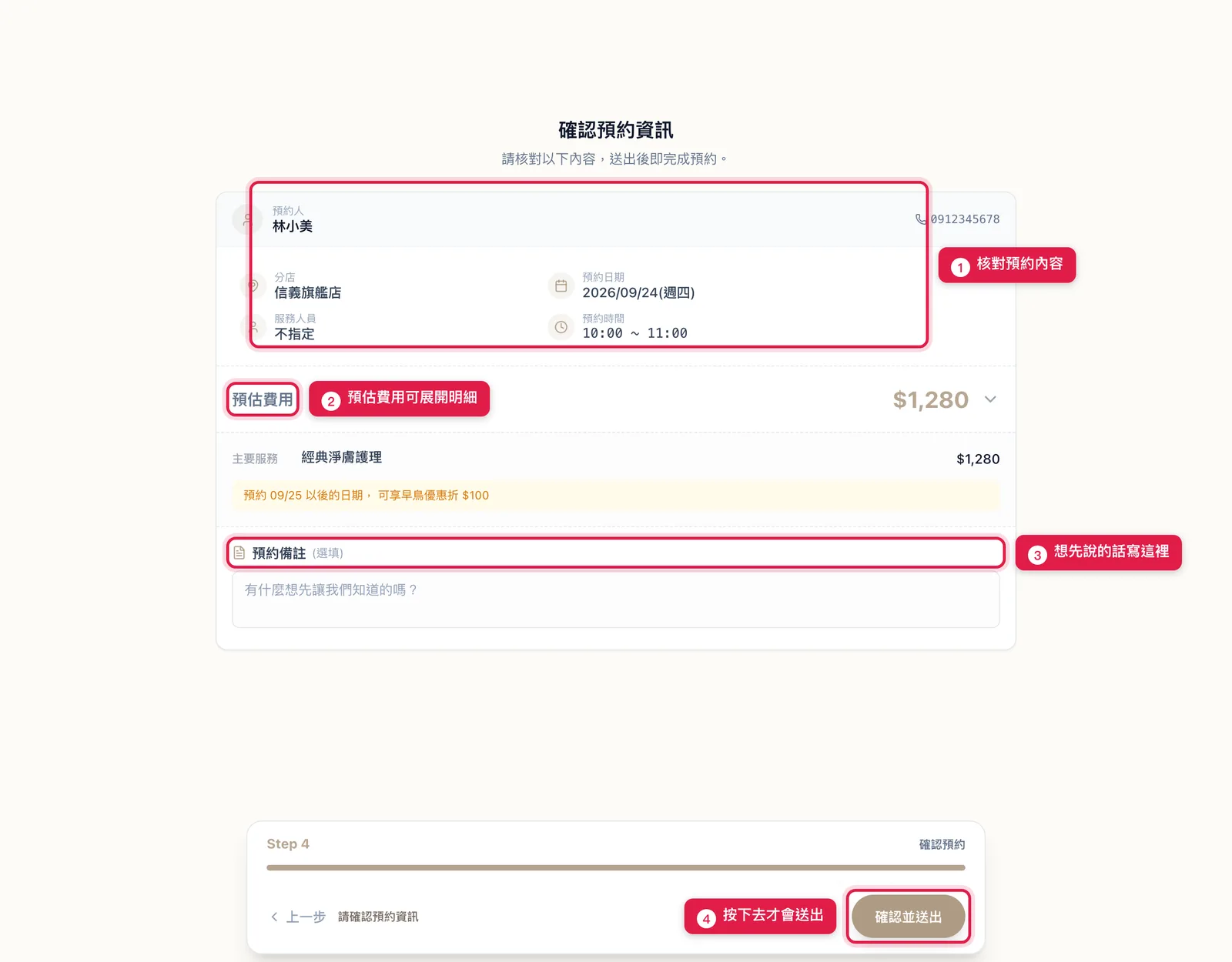 確認預約資訊:核對預約人、分店、日期、人員、時間與預估費用,下面可以留言