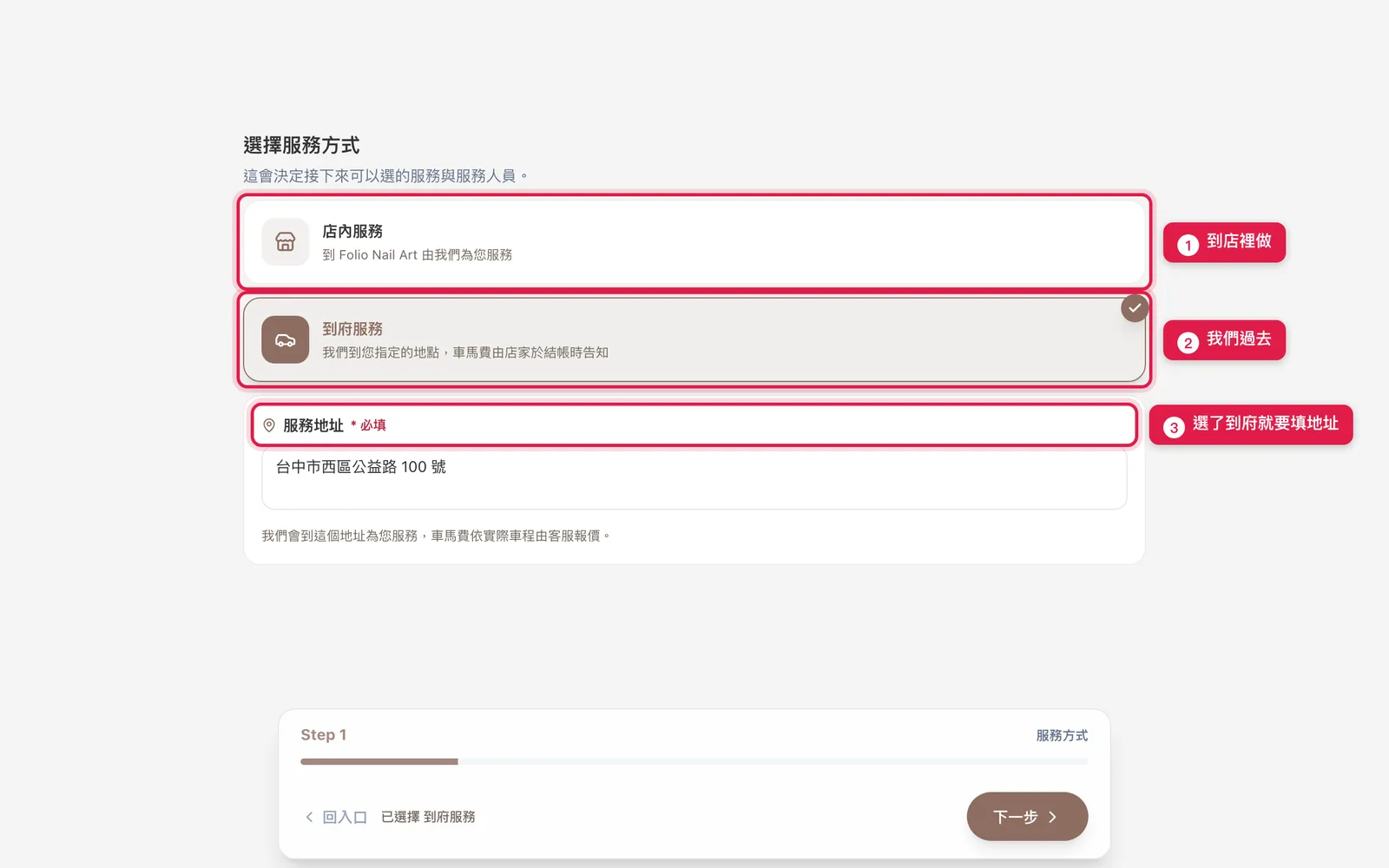 客人預約的第一步「選擇服務方式」：選了到府就要填服務地址