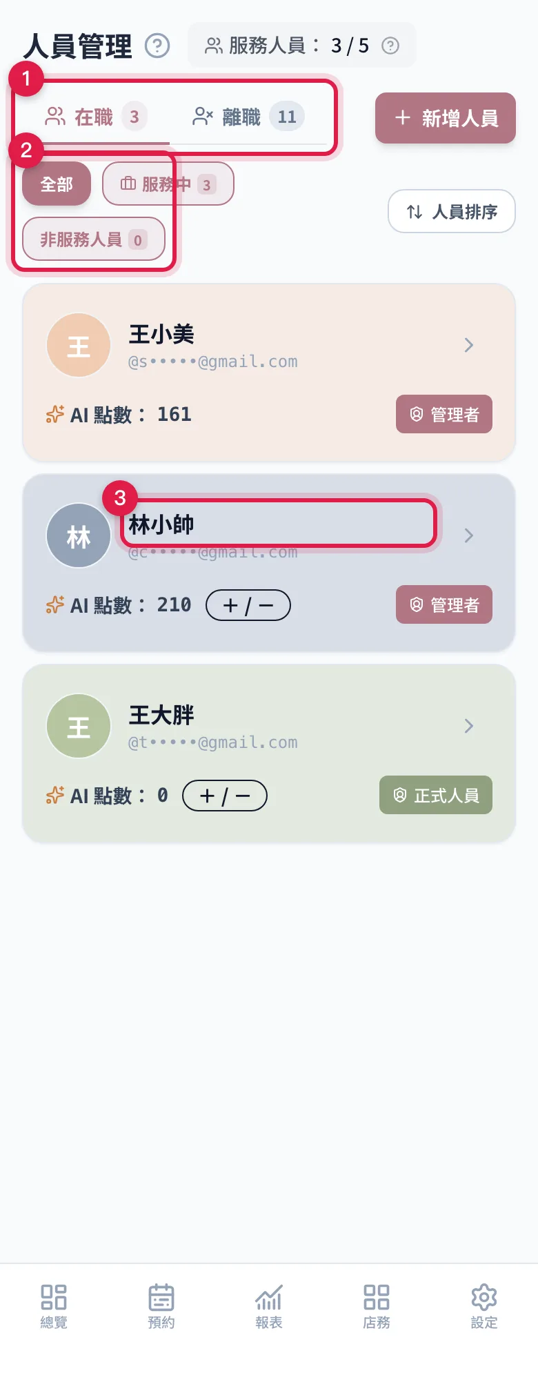 人員管理:確認這個人是啟用中、指派到那家分店、也會做那個服務