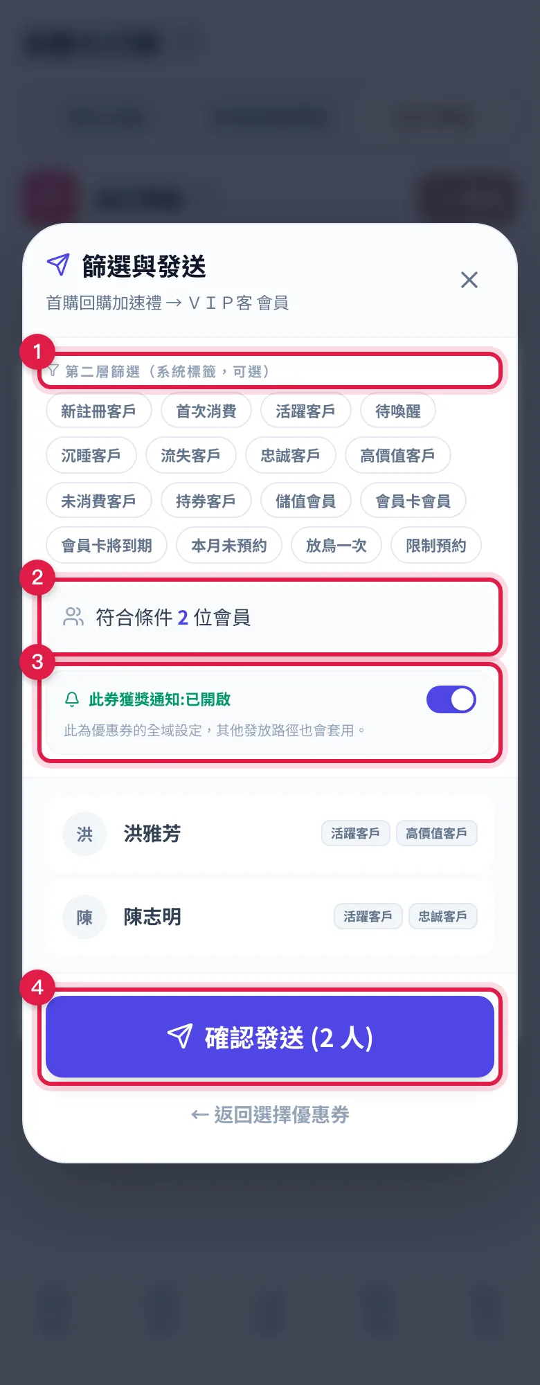 從自訂標籤發券的篩選與發送畫面:可再用系統標籤縮小、看符合幾位、確認這張券會不會推 LINE