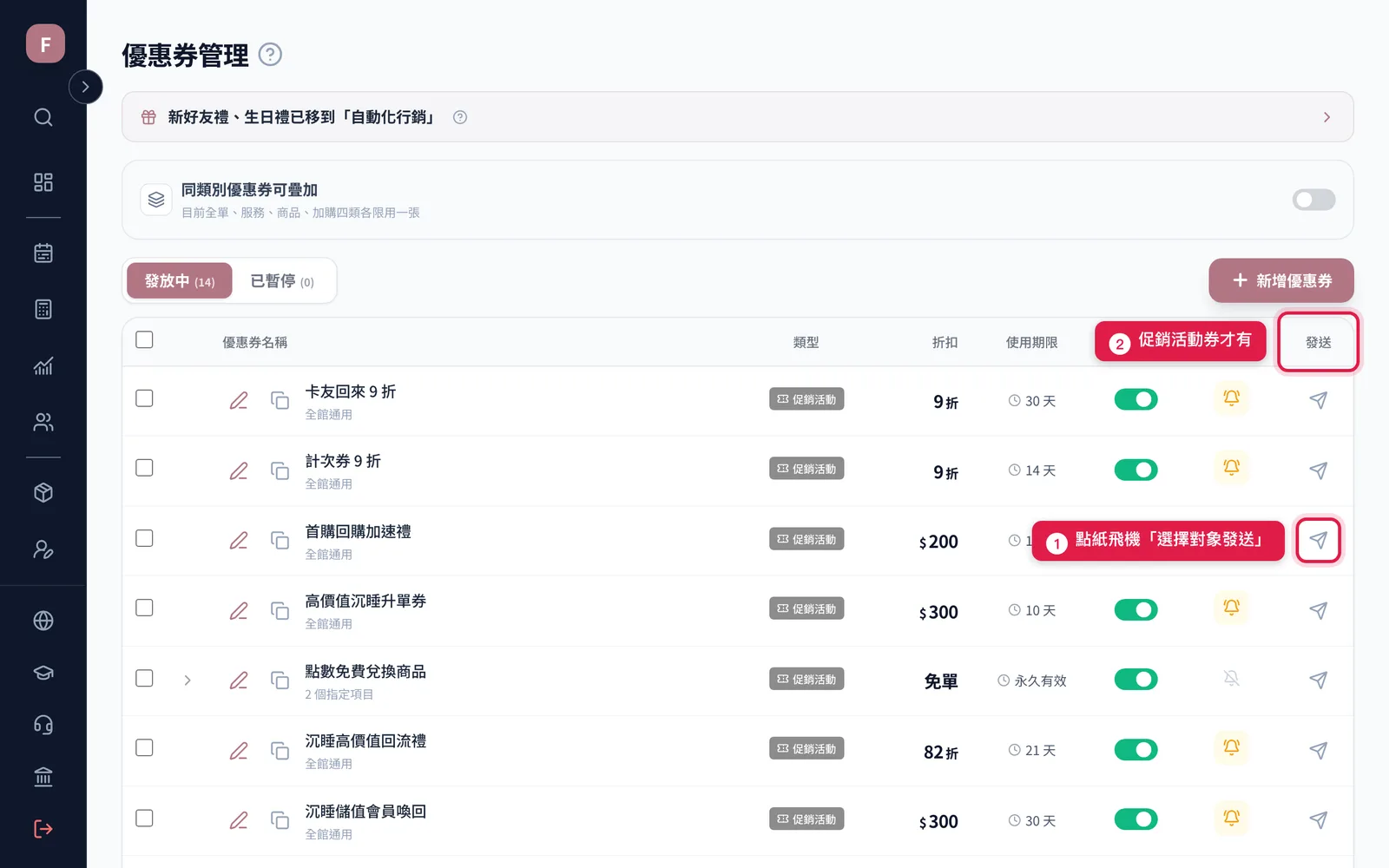 優惠券管理列表最右邊發送欄的紙飛機圖示