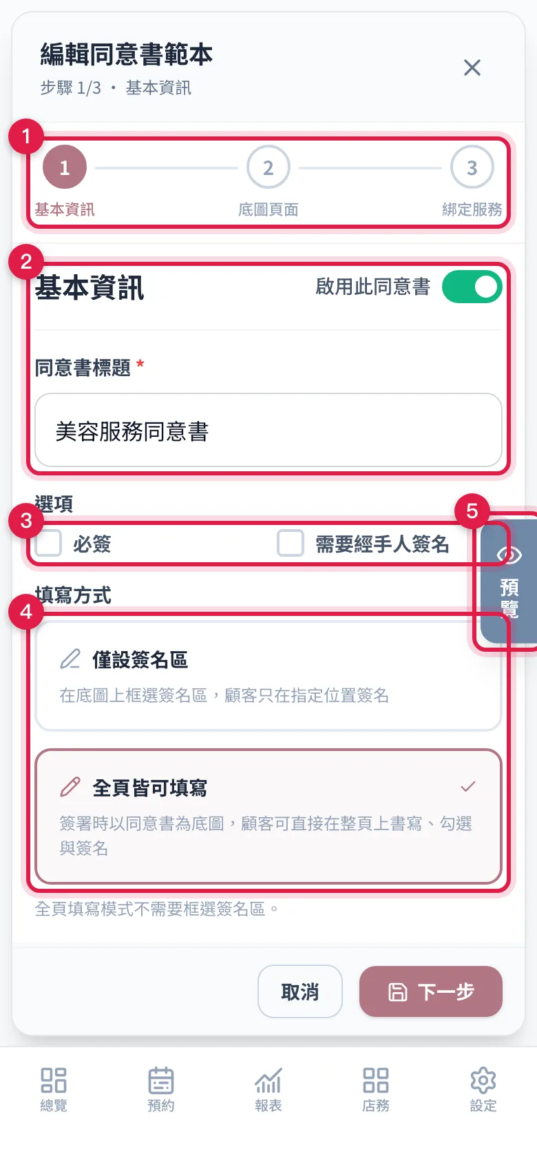 編輯同意書範本第 1 步:步驟圓點、標題與啟用開關、必簽與經手人簽名勾選、填寫方式二選一,右側即時手機預覽