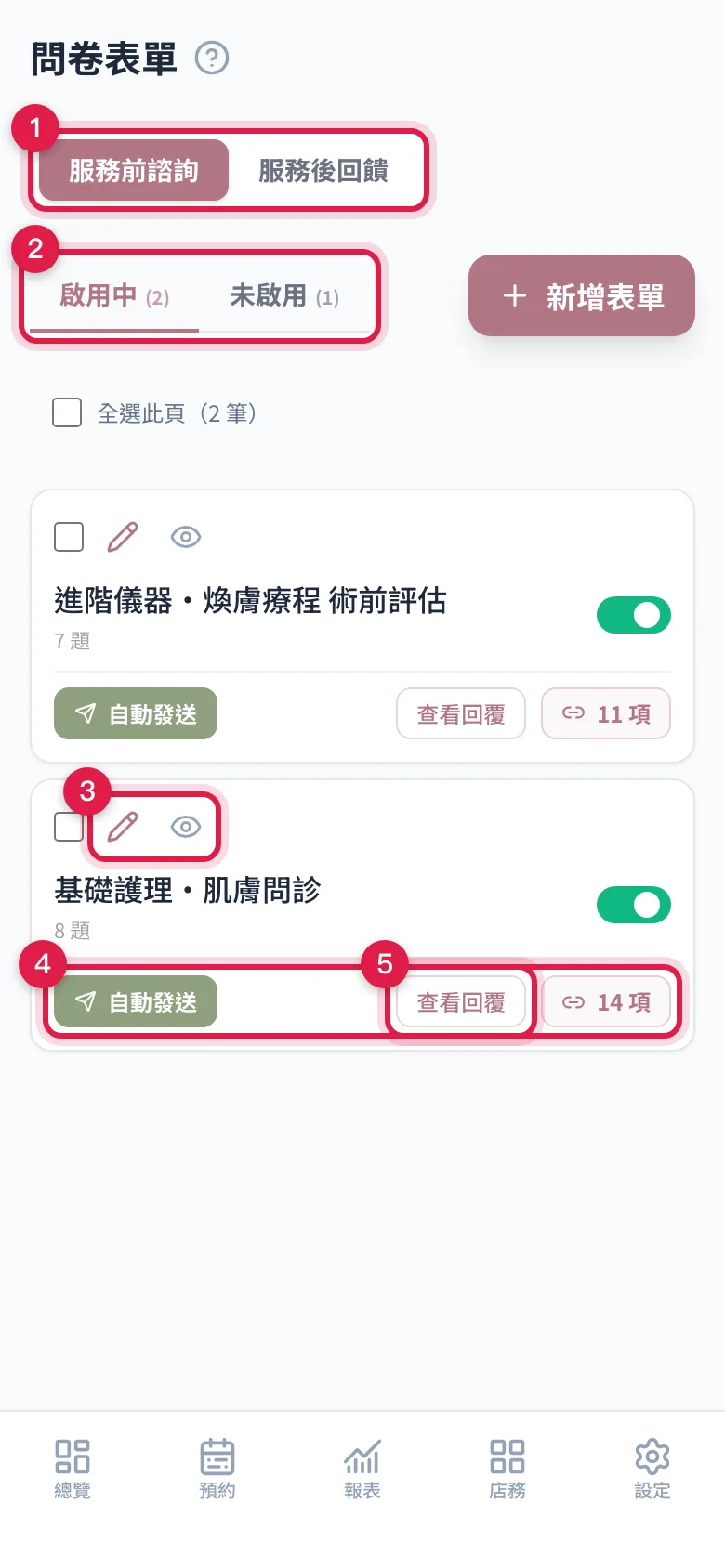 問卷表單列表:上方切換服務前諮詢與服務後回饋、啟用中與未啟用,每列有編輯預覽、自動發送與綁定服務數、查看回覆