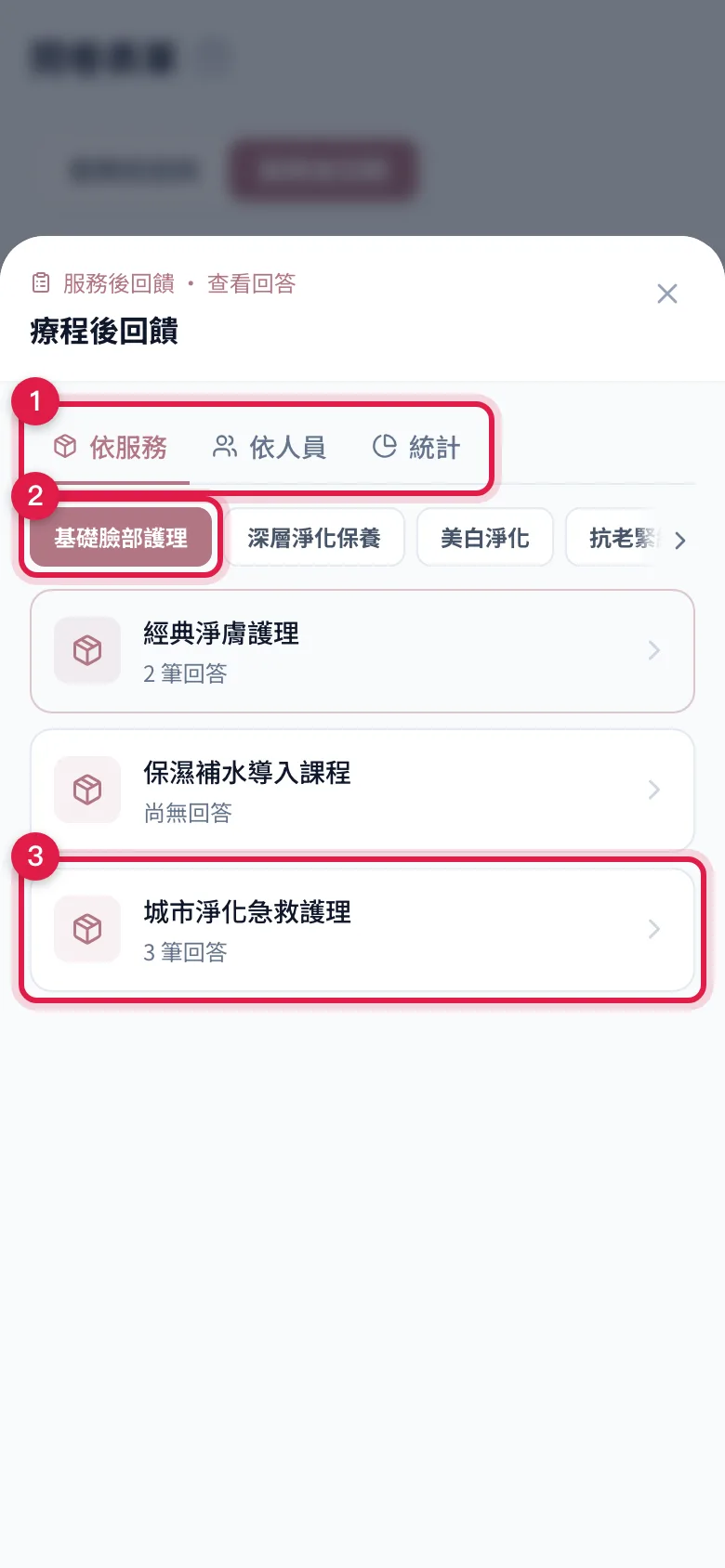 查看回答視窗:上方切換依服務、依人員、統計,下面是服務分類與每個服務的回答筆數