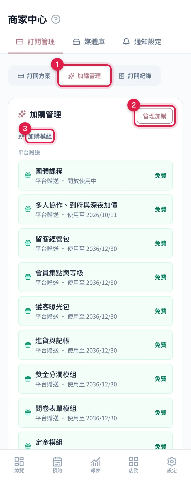 加購管理:平台贈送的模組單獨列出,右上角「管理加購」開通或取消