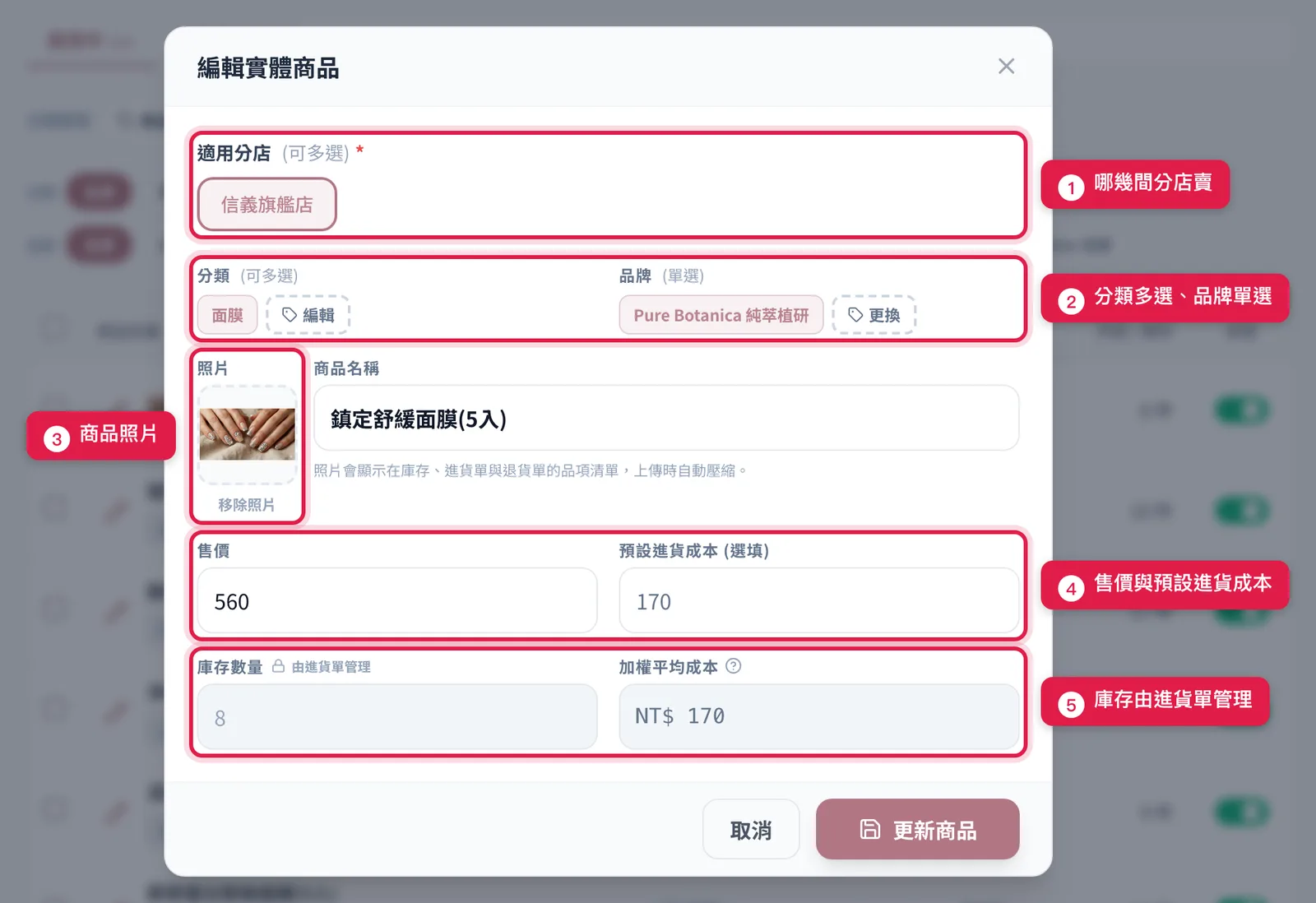 編輯實體商品視窗:適用分店、分類與品牌、商品照片、售價與預設進貨成本、由進貨單管理的庫存數量