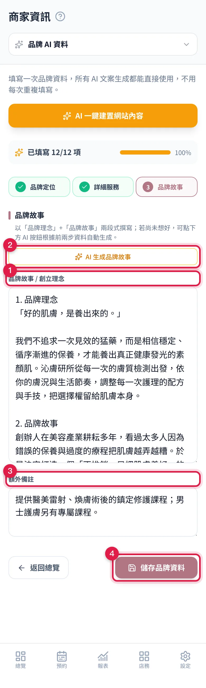 Step 3 品牌故事:品牌故事 / 創立理念大文字框、AI 生成品牌故事按鈕、額外備註與儲存品牌資料