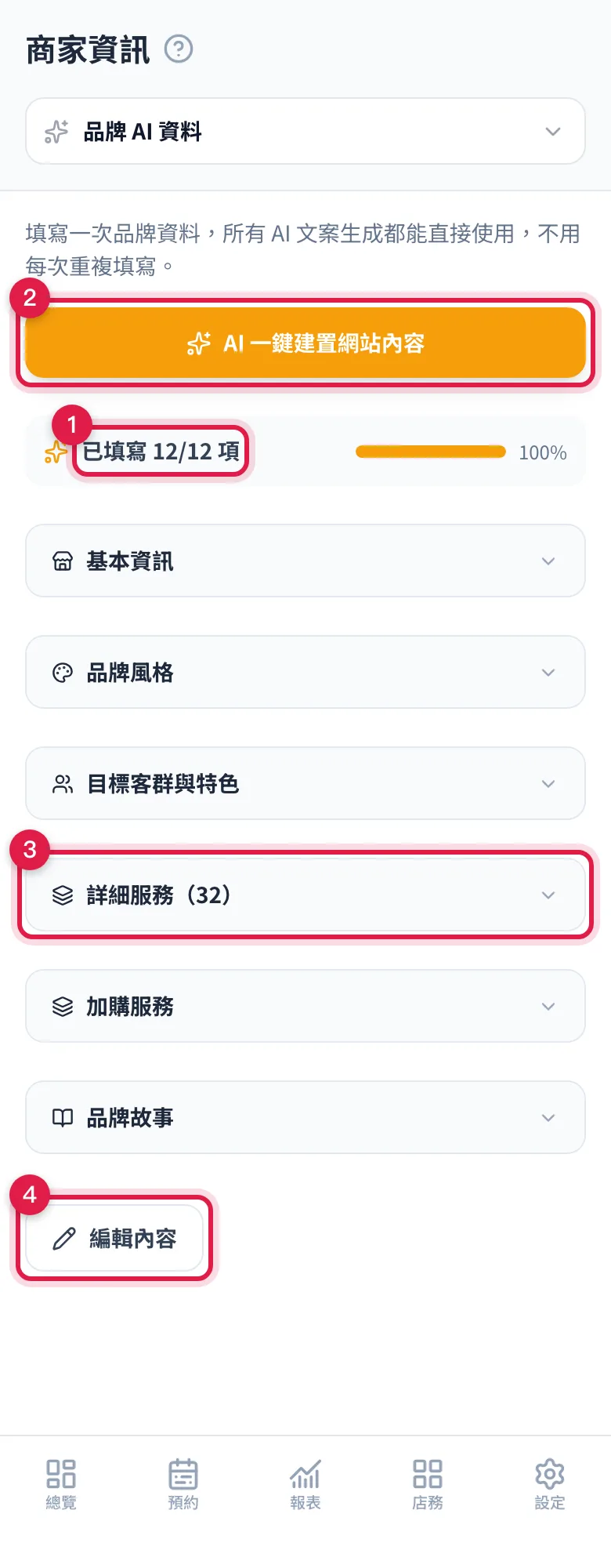 品牌 AI 資料的總覽模式:完成度 12/12,下面各區塊收合著