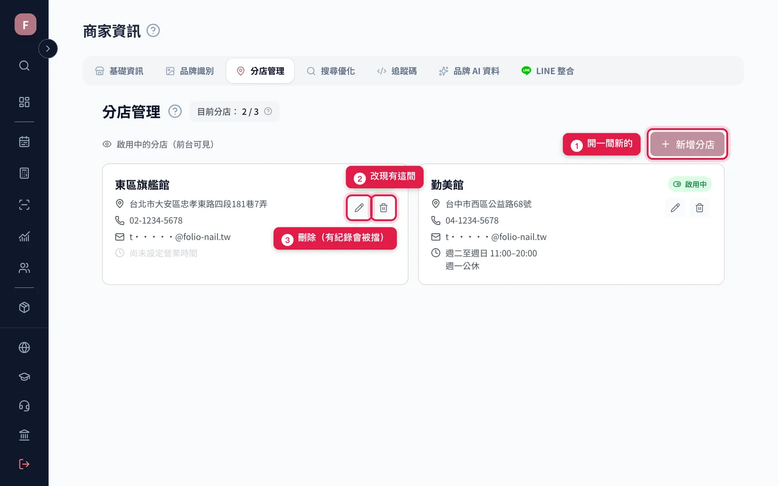 分店清單上的新增分店按鈕,以及每張卡片上的鉛筆與垃圾桶圖示