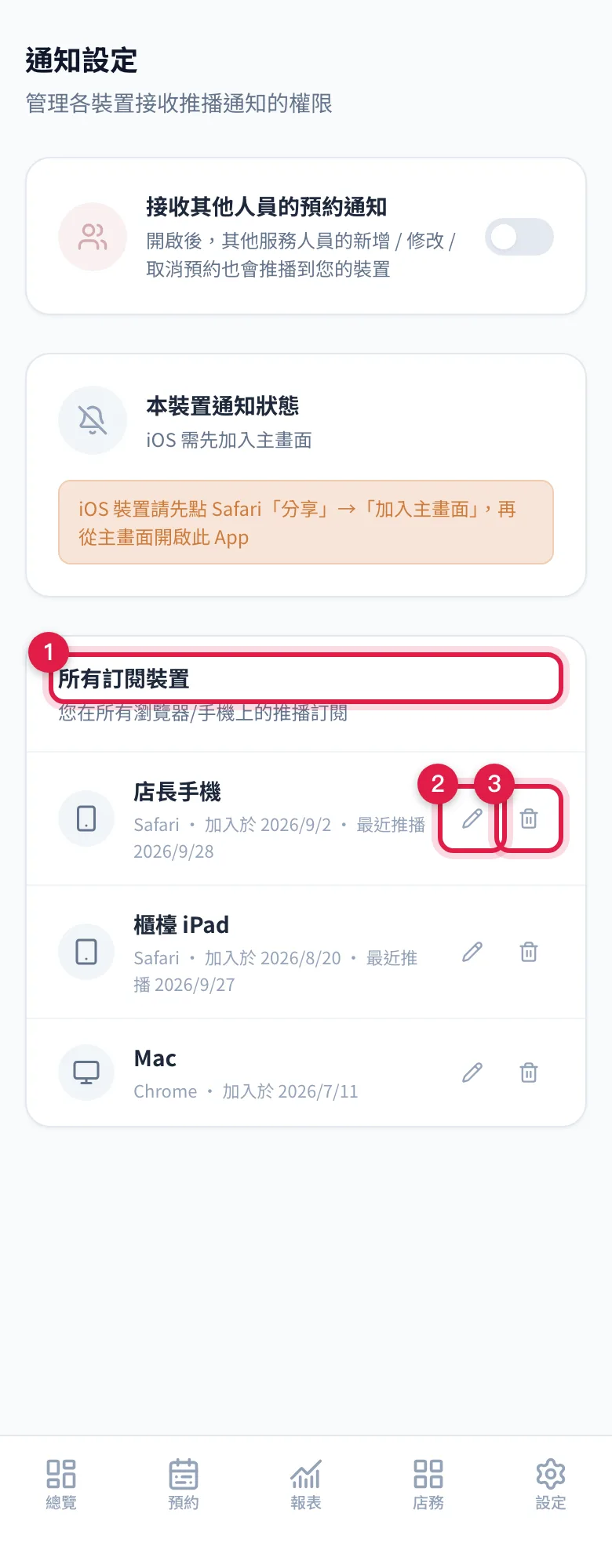 所有訂閱裝置清單:每一列是一台裝置,右邊有鉛筆與垃圾桶