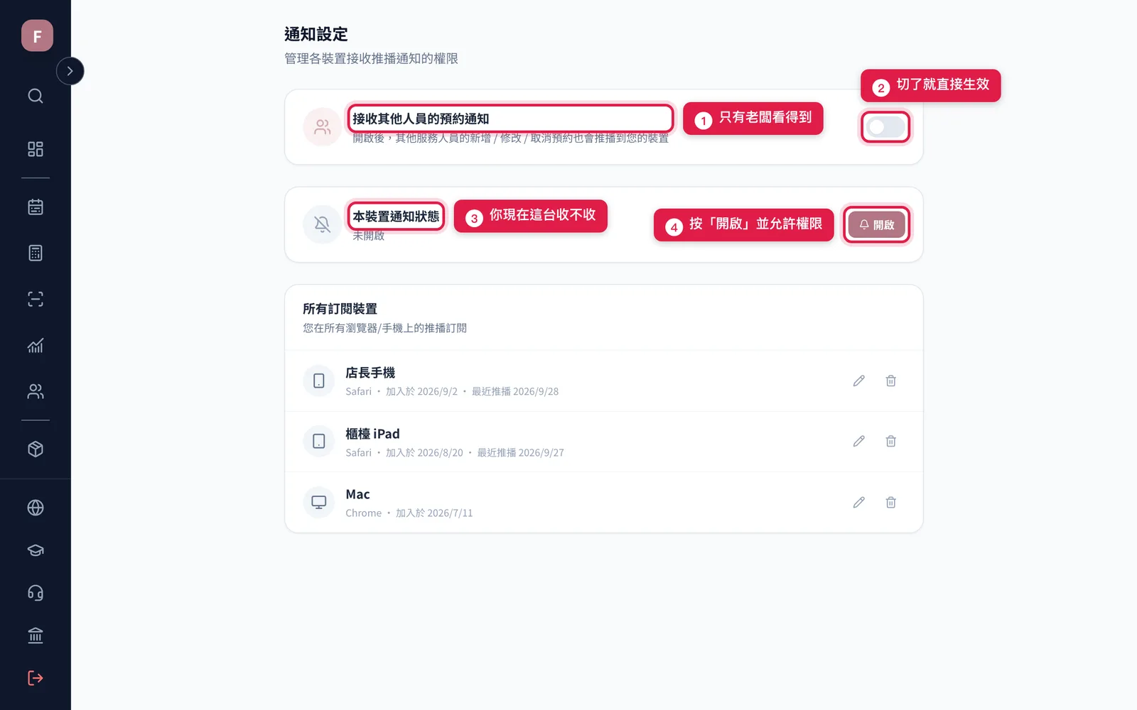 通知設定頁:上面是老闆的轉發開關與本裝置狀態,下面是所有訂閱裝置清單