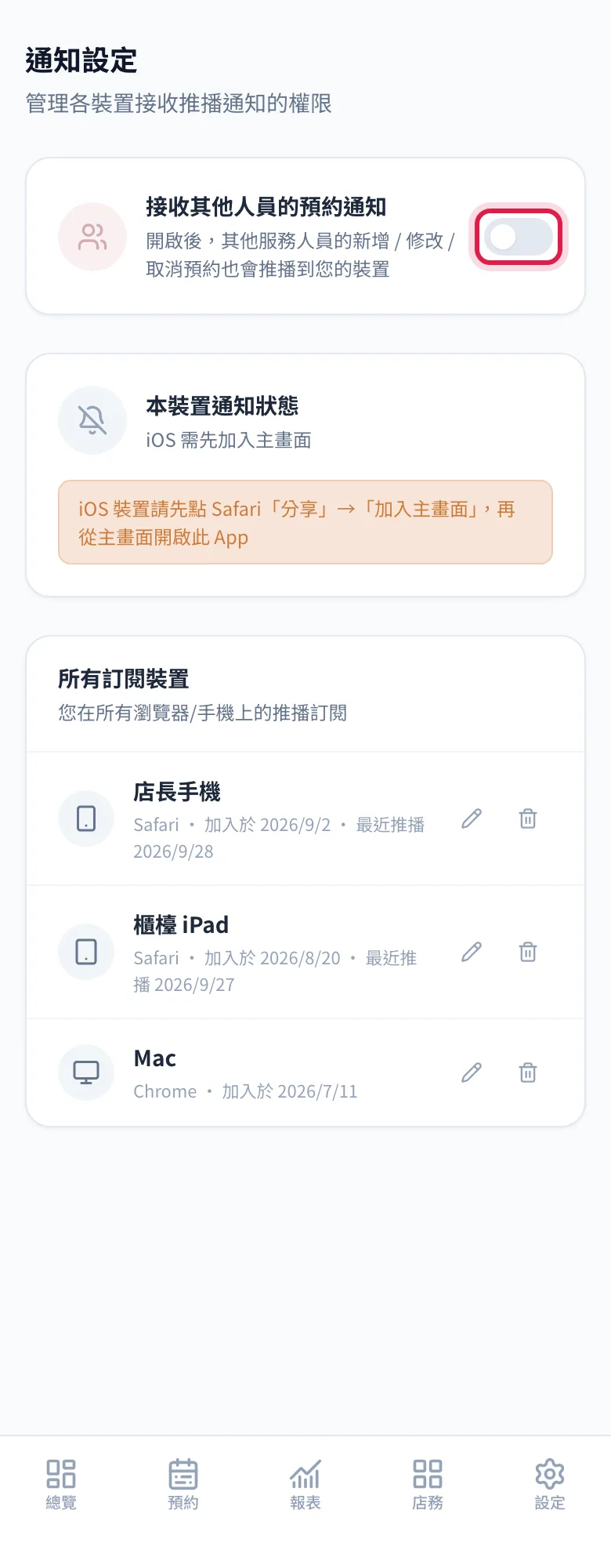 接收其他人員的預約通知開關