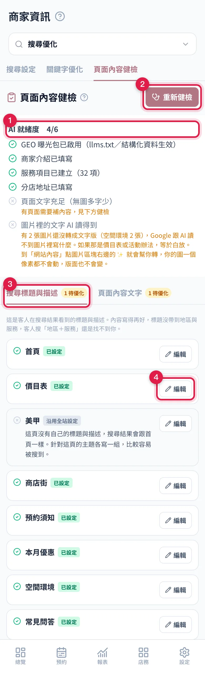 頁面內容健檢:上面是 AI 就緒度清單,下面兩份報告逐頁列出待優化的地方