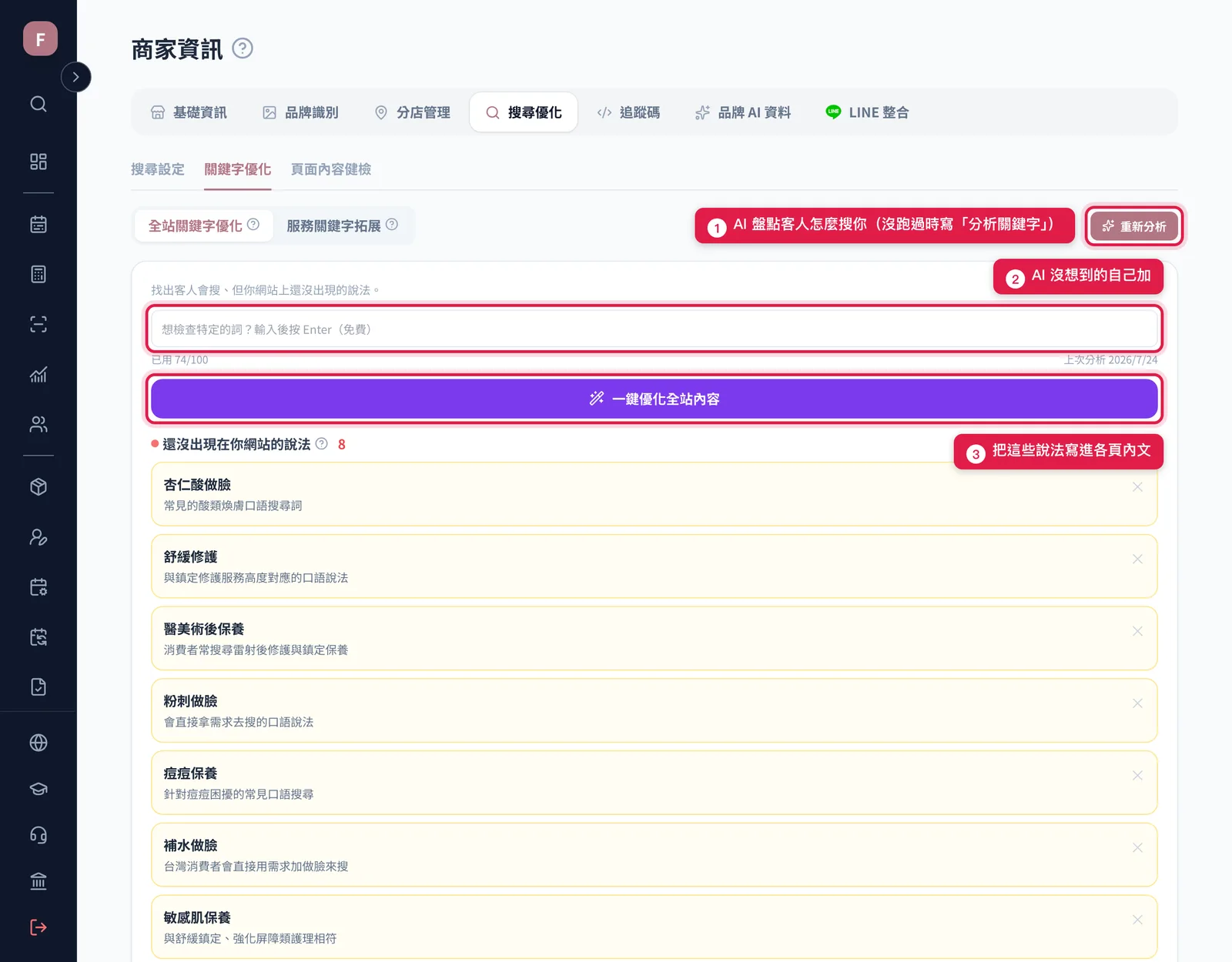 關鍵字優化分頁:重新分析按鈕、自己加詞的輸入框、一鍵優化全站內容與依涵蓋程度分組的清單