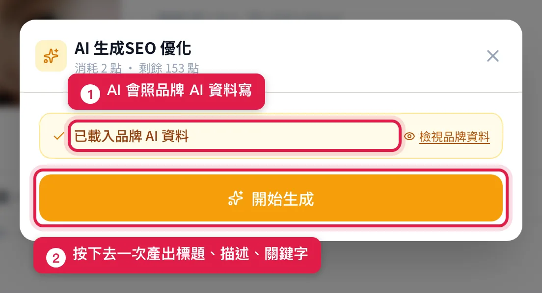 AI 生成視窗:已載入品牌 AI 資料,下面是開始生成按鈕