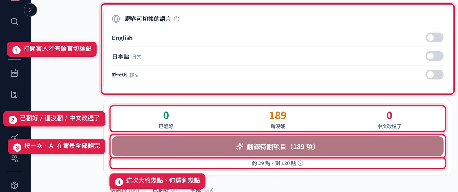 翻譯管理上方:顧客可切換的語言開關、三個數字、翻譯按鈕與點數