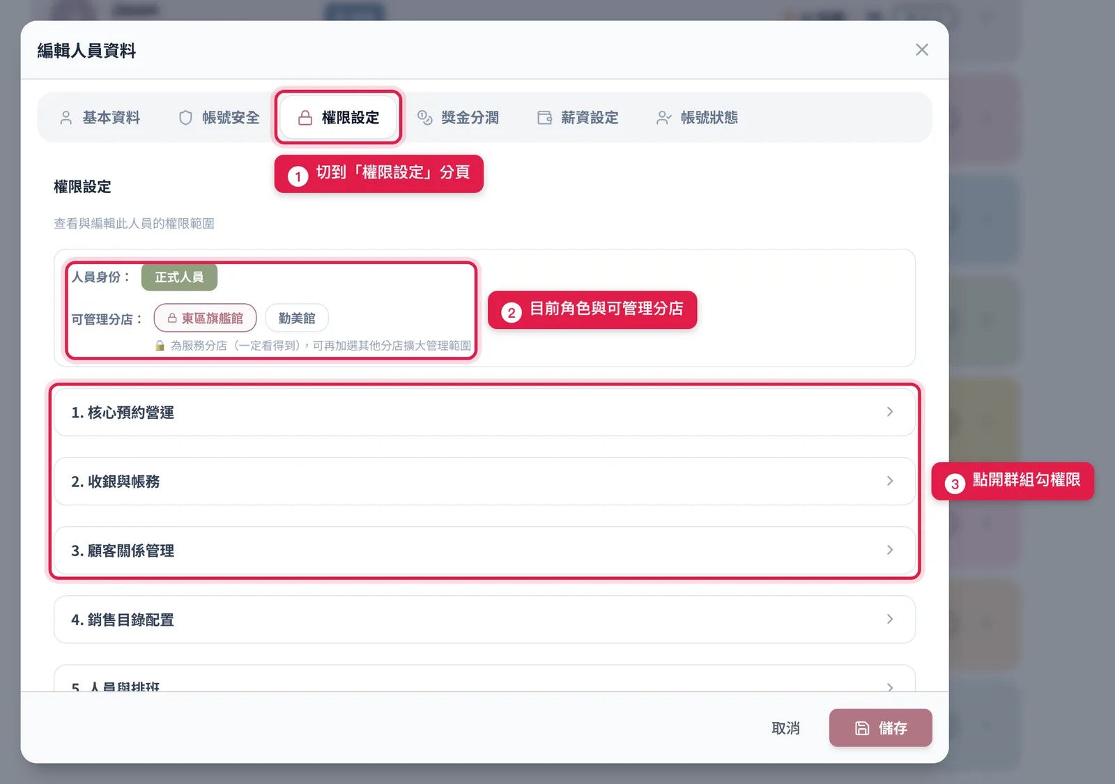 編輯人員資料視窗切到「權限設定」分頁:先看目前角色與可管理分店,再點開群組勾權限