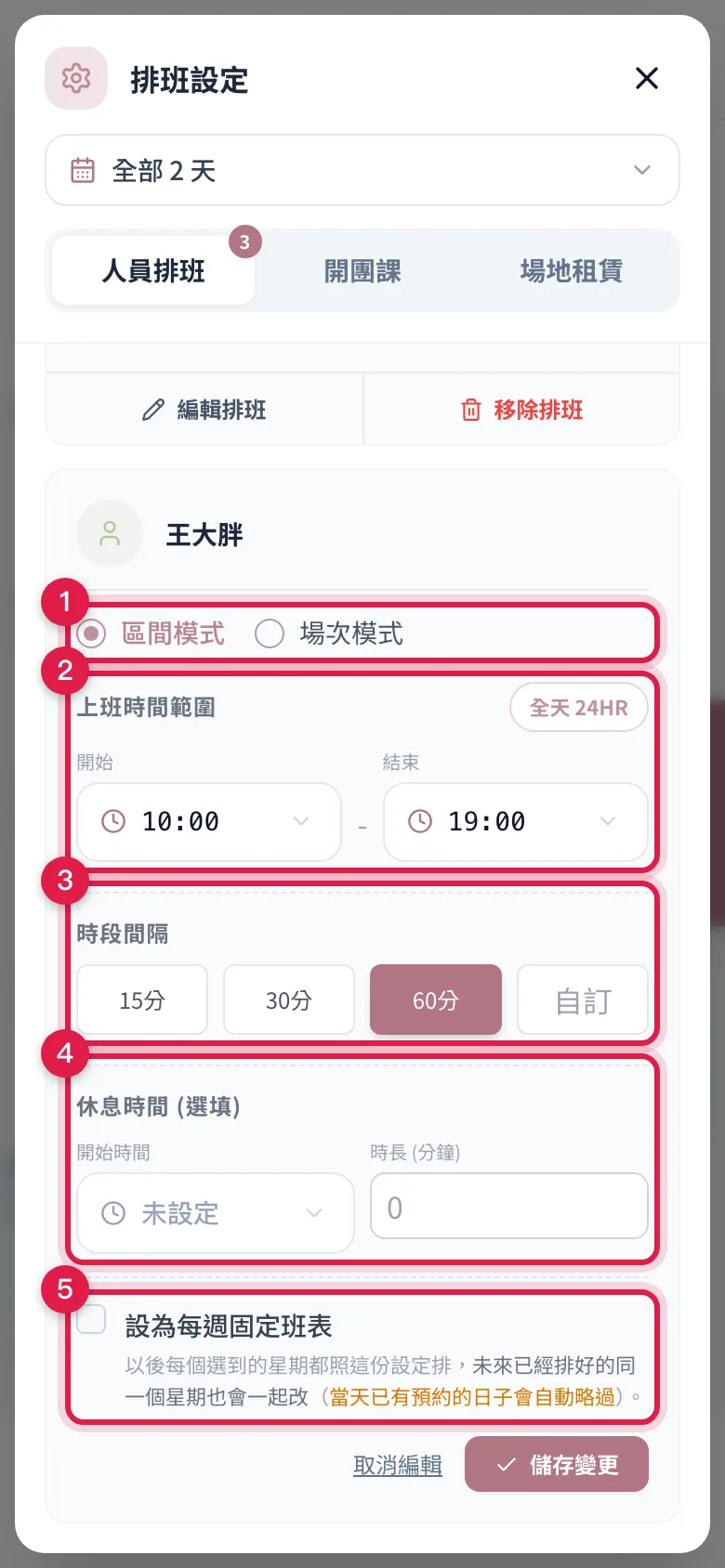 按「編輯排班」後的班表設定:區間或場次模式、上班時間與全天 24HR、時段間隔、休息時間、設為每週固定班表