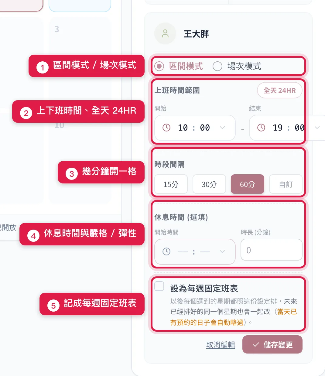 按「編輯排班」後的班表設定:區間或場次模式、上班時間與全天 24HR、時段間隔、休息時間、設為每週固定班表